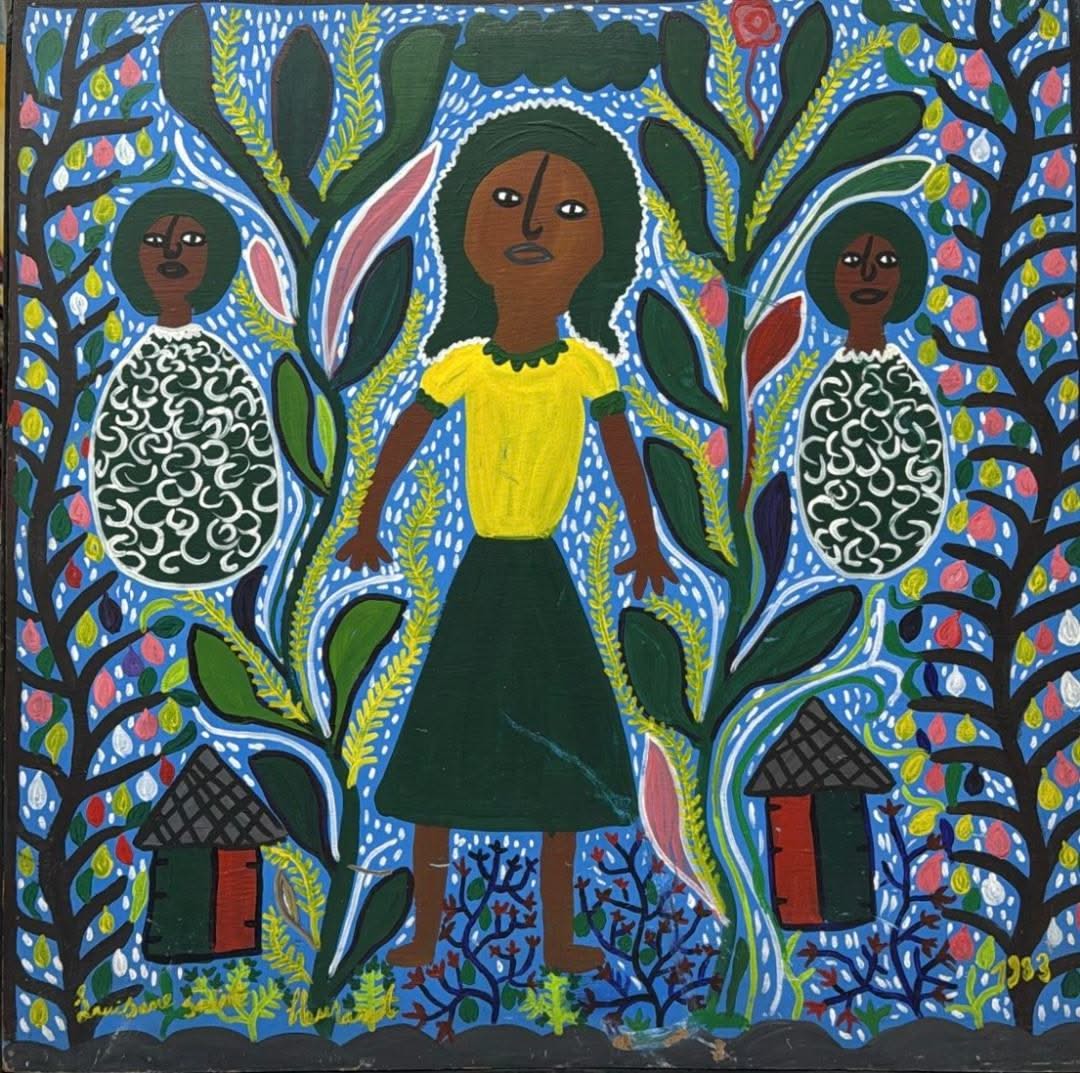 Louisane Saint Fleurant (Haitian, 1924-2005) 24"x24" Girl in Yellow  1983 Acrylic on Board Unframed Painting #4GN-HA