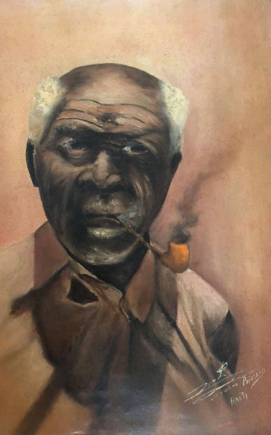 Louverture Poisson (1914-1985) 24"x20" Portrait of an Elder with Pipe c1970 Oil on Canvas Unframed Painting #1YN