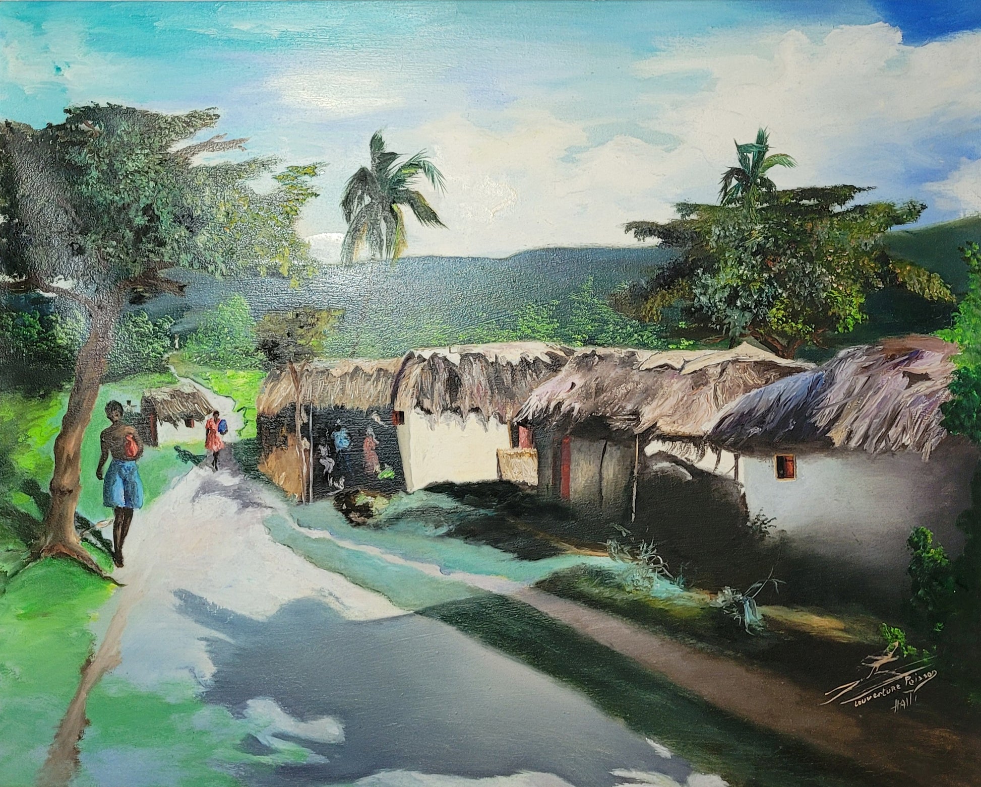 Painting of a rural scene with thatched-roof houses and people walking along a path.