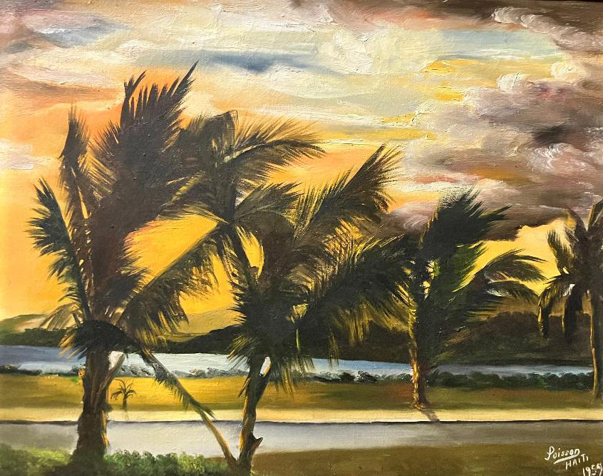 Painting of palm trees with a sunset sky