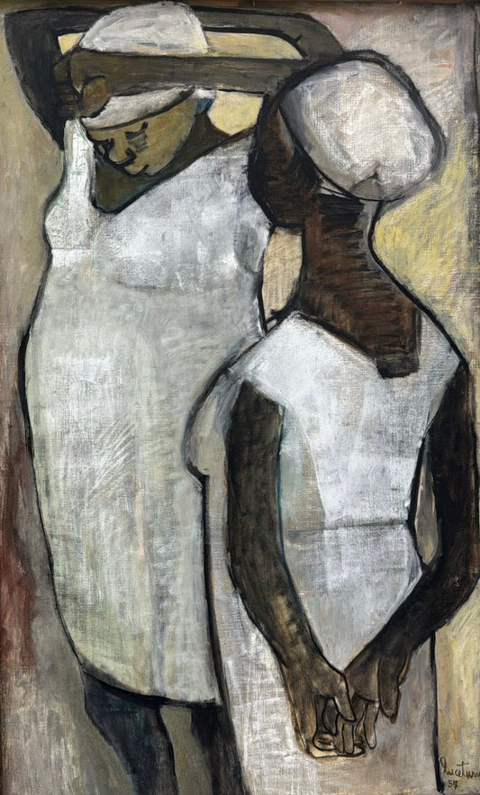 Luce Turnier 48"x30" Two Female Figures 1957 Acrylic on Canvas Unframed Painting#3GN-HA