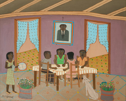 Micius Stéphane Haitian naïve family interior painting with figures at table and dog, oil on board 16 × 20 inches, 1981.