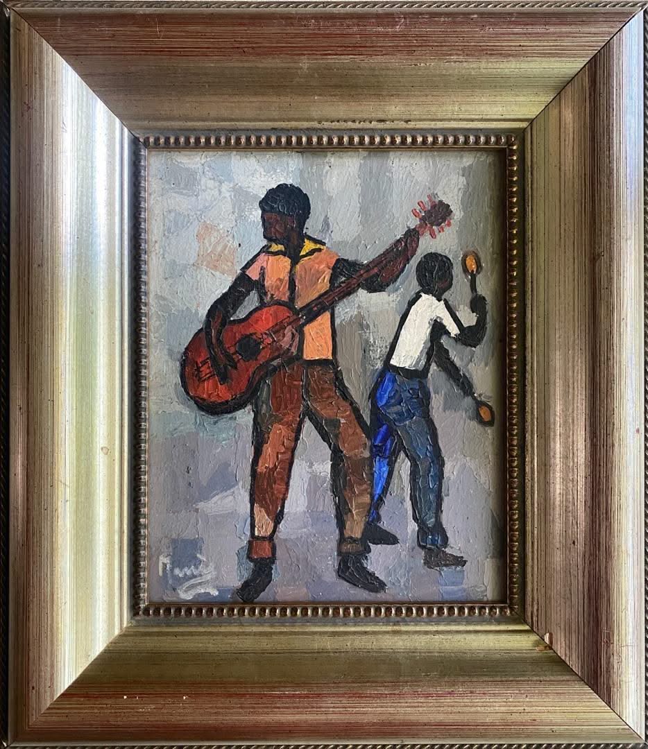 Manes Descollines (1936-1985) 10"x8" The Fight 1979 Acrylique sur Masonite Peinture encadrée #1MB