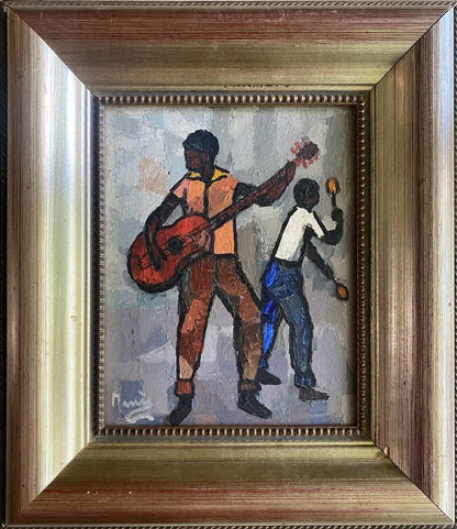 Manes Descollines (1936-1985) 10"x8" The Fight 1979 Acrylique sur Masonite Peinture encadrée #1MB
