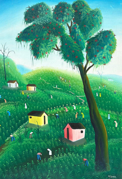 Marceau Sanon 24"x36" Village Life Beneath a Flowering Tree c1980  Oil on Canvas Unframed Painting #1CG