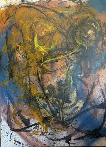 Mario Benjamin 2016 large abstract portrait in blue, gold and black, 68x49 acrylic on canvas, signed and dated on verso.