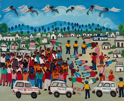 Maxan Jean Louis Haitian naïve Vodou acrylic painting 20x24 inches depicting a massacre scene, vibrant figures, signed and dated lower left.