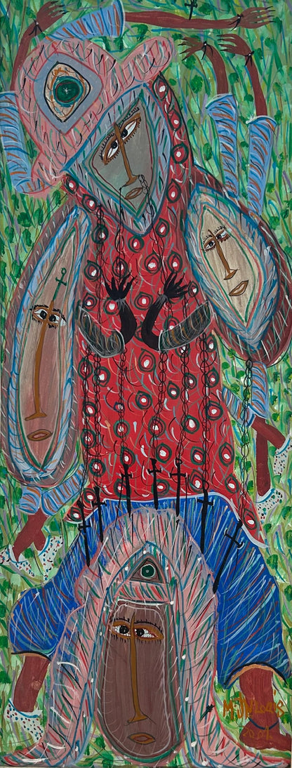 Maxan Jean Louis blue male spirit Haitian naïve Vodou acrylic painting on canvas 30x12 inches, signed lower left