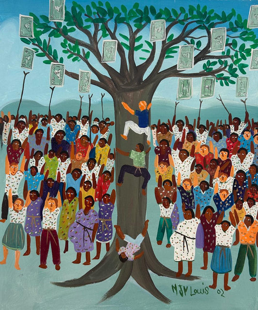 Maxan Jean Louis 20"x24" Money Grows on Trees 2002 Acrylic on Canvas Painting #3AK