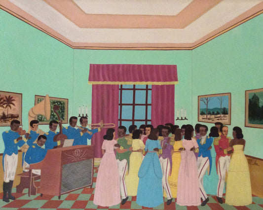 Michel M. Obin The Ball of the Generals Haitian painting with formal dance, live orchestra, grand salon interior, oil on board.