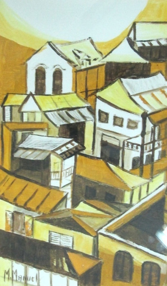 Michele Manuel (1935-2022) 17"x11" The Village 2005  Acrylic on Paper on Board #J383