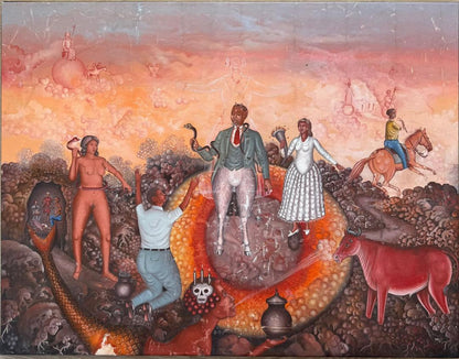 Haitian Vodou ceremonial painting depicting Loa spirits, ritual figures, snakes, horses, and symbolic forms in a warm atmospheric palette, fair condition.
