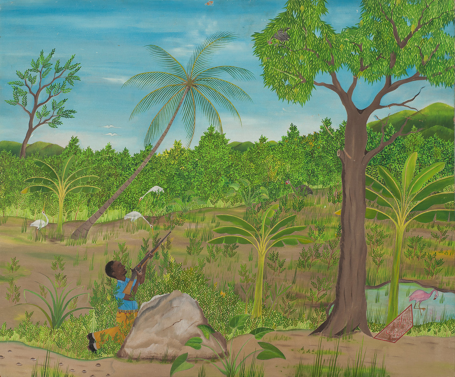 Telemaque Obin (Cap-Haitian, 1913-?) 20"x24" The Hunter 1980 Oil on Board-Unframed Painting #26-3-96GSN-Fondation Marie & Georges S. Nader (Copy)