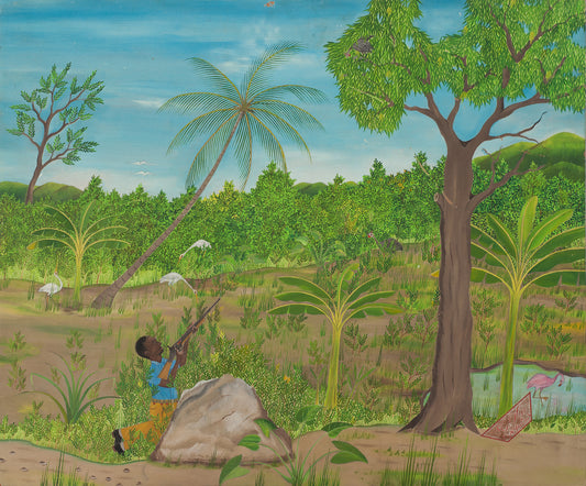 Telemaque Obin (Cap-Haitian, 1913-?) 20"x24" The Hunter 1980 Oil on Board-Unframed Painting #26-3-96GSN-Fondation Marie & Georges S. Nader (Copy)