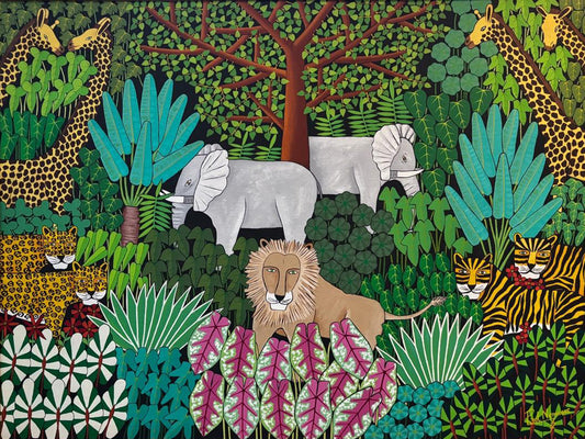 Paul Nemours 36"x48" Exotic Jungle Scene 1977 Oil on Canvas Painting #1RM