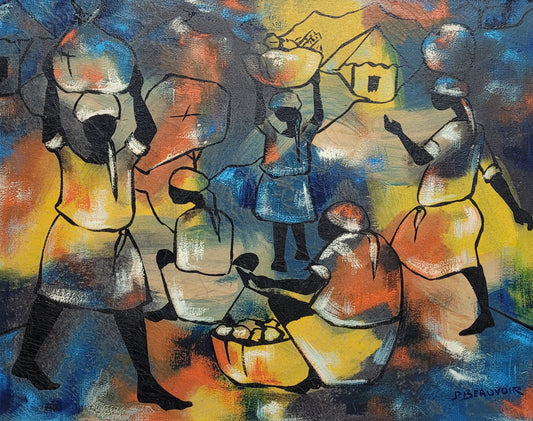 Paul Beauvoir (1932-1972) 16"x20" Market  Scene c1960's Oil on Canvas Painting #1WF