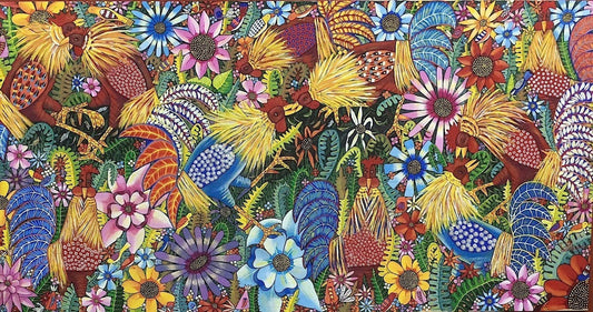 Paul Nemours 48"x97" Coqs múltiples en una jungla Óleo sobre lienzo #J32-HA