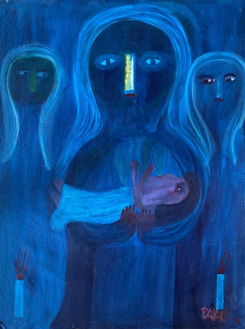 Original 40x30 acrylic on canvas painting by Haitian artist Payas, blue-toned figurative composition, signed, unframed artwork.