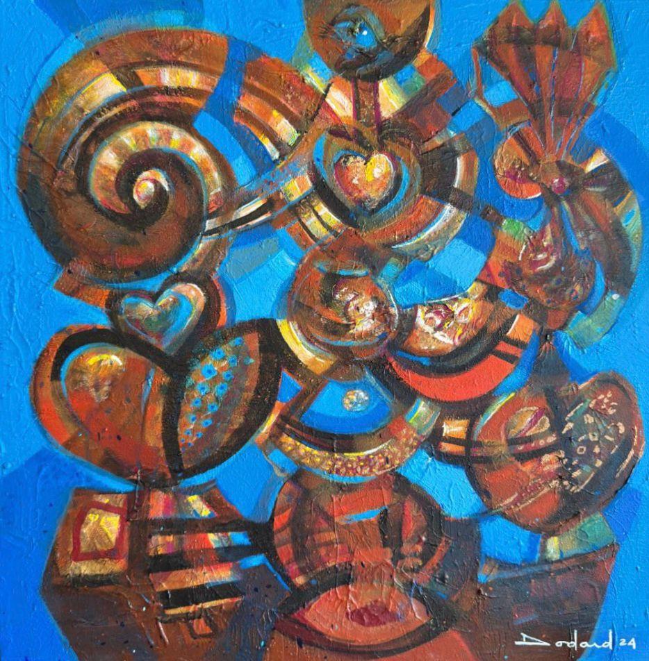 Philippe Dodard contemporary Haitian Tree of Life painting with abstract symbolic forms and hearts, acrylic on canvas 24 × 20 inches, 2024.