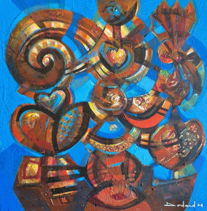 Philippe Dodard contemporary Haitian Tree of Life painting with abstract symbolic forms and hearts, acrylic on canvas 24 × 20 inches, 2024.