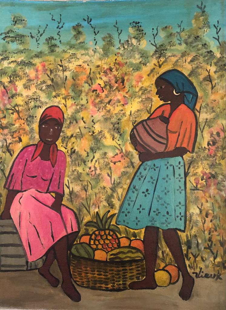 Philippe Vieux painting of two Haitian women beside a fruit basket, oil on board, 16x12 inches, unframed.