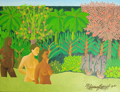 Salnave Philippe Auguste (1908-1989) 16"x20" The Bathers 1982 Oil on Board Painting #1WF