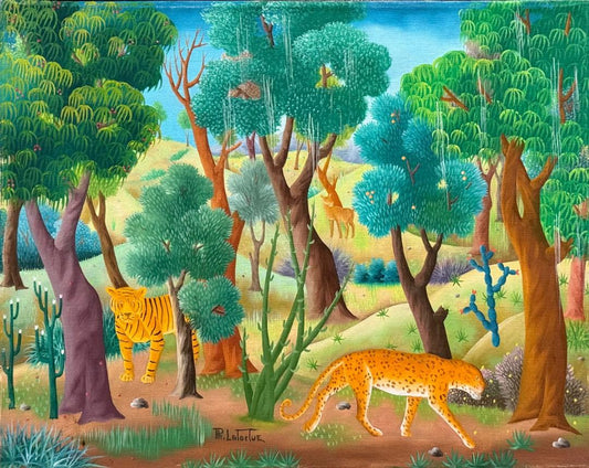 Philton Latortue 20"x16" Escena de la selva 1977 Óleo sobre lienzo#1-2-95MFN