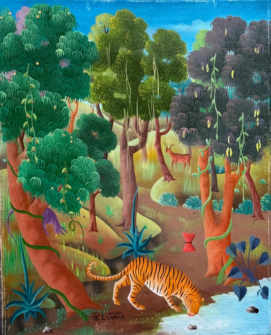 Philton Latortue 20"x16" Escena de la selva c1980 Óleo sobre lienzo#3-2-95MFN