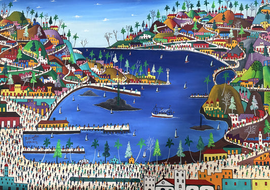 Haitian art Prefete Duffaut original oil painting La Ville Imaginaire imaginary coastal city 1976