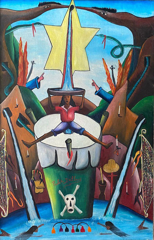 Prefete Duffaut c1980 Haitian Vodou ritual oil painting with sacred star, serpent motifs, and ceremonial symbols.