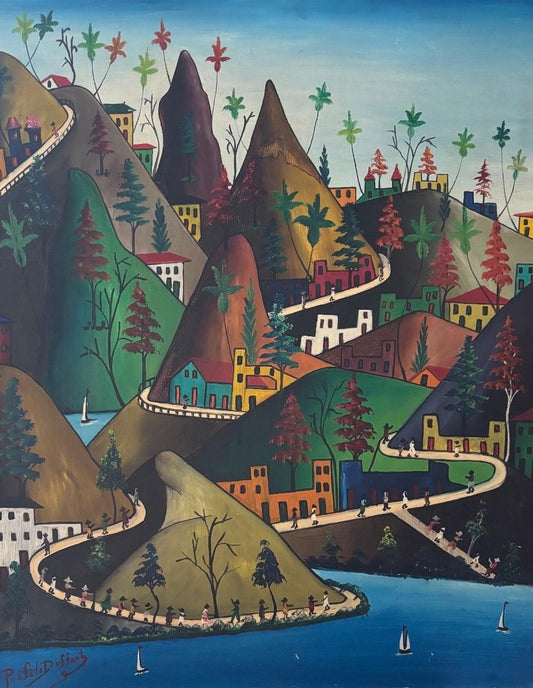Préfète Duffaut oil on board painting titled La Ville Imaginaire, c. 1960, depicting a hillside Haitian village with winding roads and colorful houses