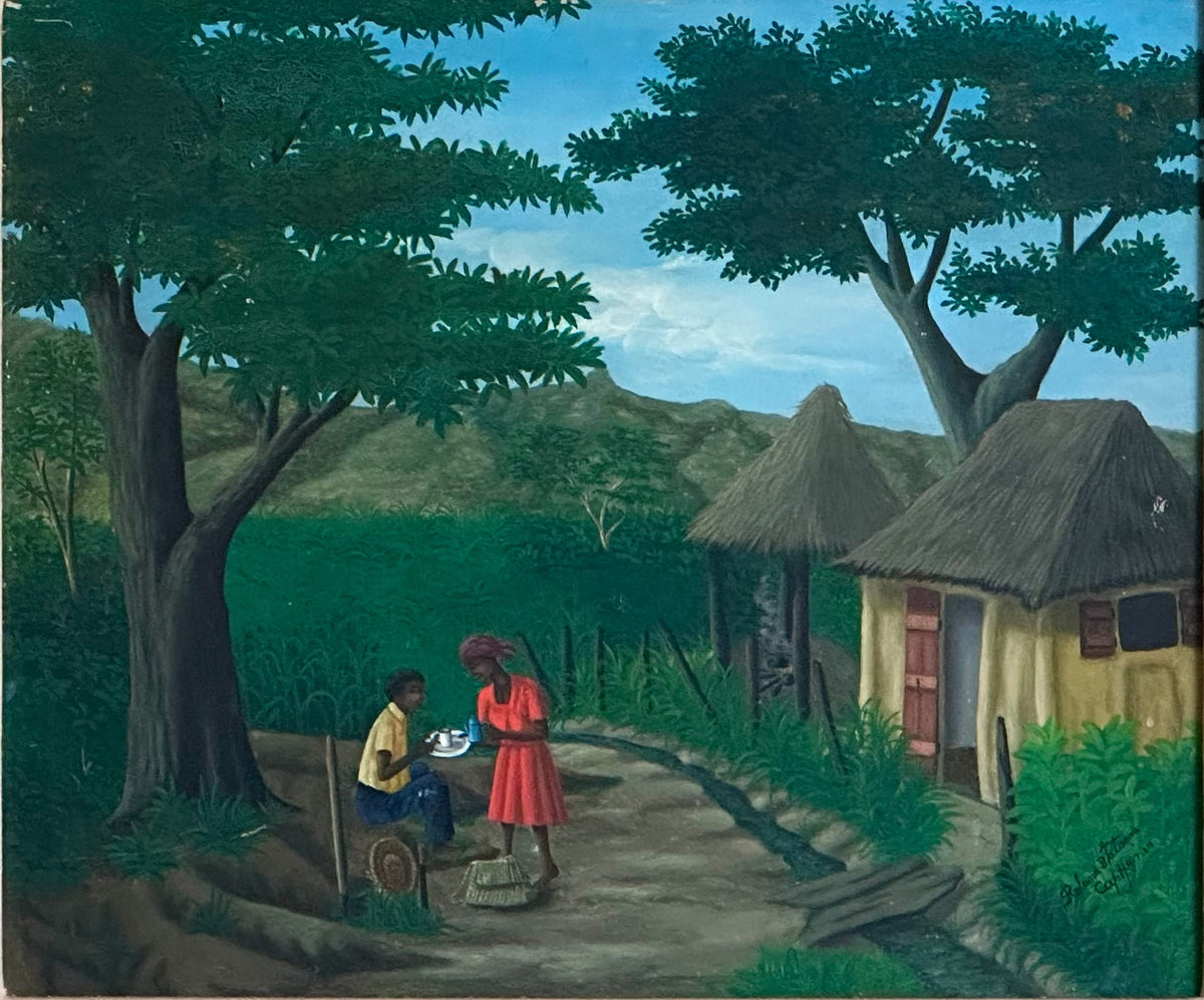 Roland B. Etienne 23"x26" Coffee Time in the Village c1990 Oil on Canvas Unframed Painting #1GBC