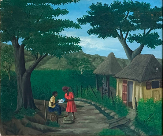 Roland B. Etienne 23"x26" Coffee Time in the Village c1990 Oil on Canvas Unframed Painting #1GBC