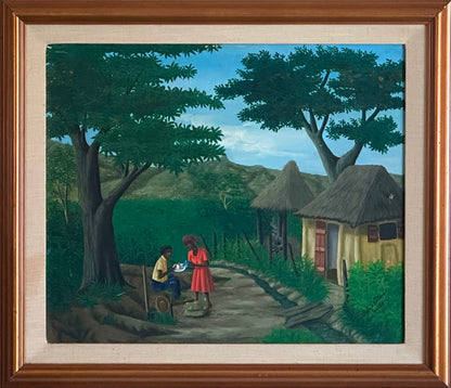 Roland B. Etienne 23"x26" Coffee Time in the Village c1990 Oil on Canvas Unframed Painting #1GBC