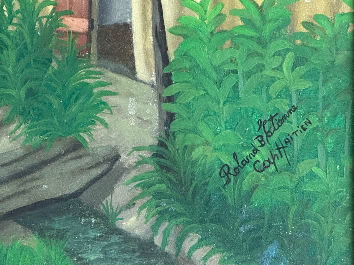 Roland B. Etienne 23"x26" Coffee Time in the Village c1990 Oil on Canvas Unframed Painting #1GBC