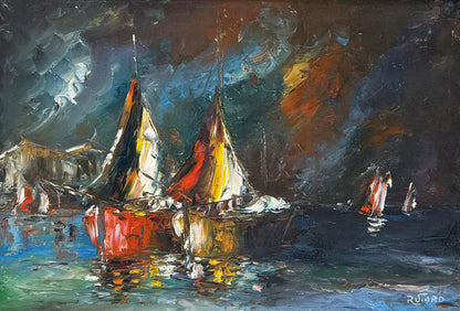 Raoul Viard Haitian sailboats night harbor painting with glowing sails and reflections, oil on canvas 16 × 24 inches.