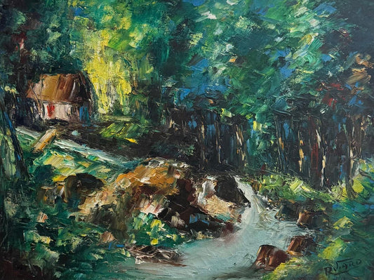 Painting of a forest scene with a stream and a house.