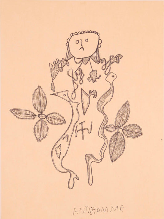 Artistic depiction of a stylized figure with leaves on a peach background