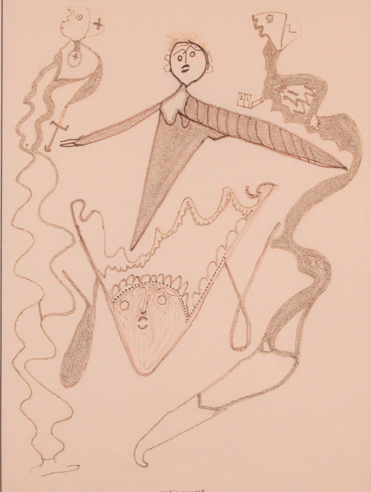 Abstract line drawing of a figure with a lyre on a beige background