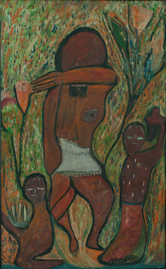 Painting by Robert Saint-Brice depicting a central figure with two smaller spirit-like figures in a textured green and orange landscape; oil on panel, expressive style, vibrant earthy tones.