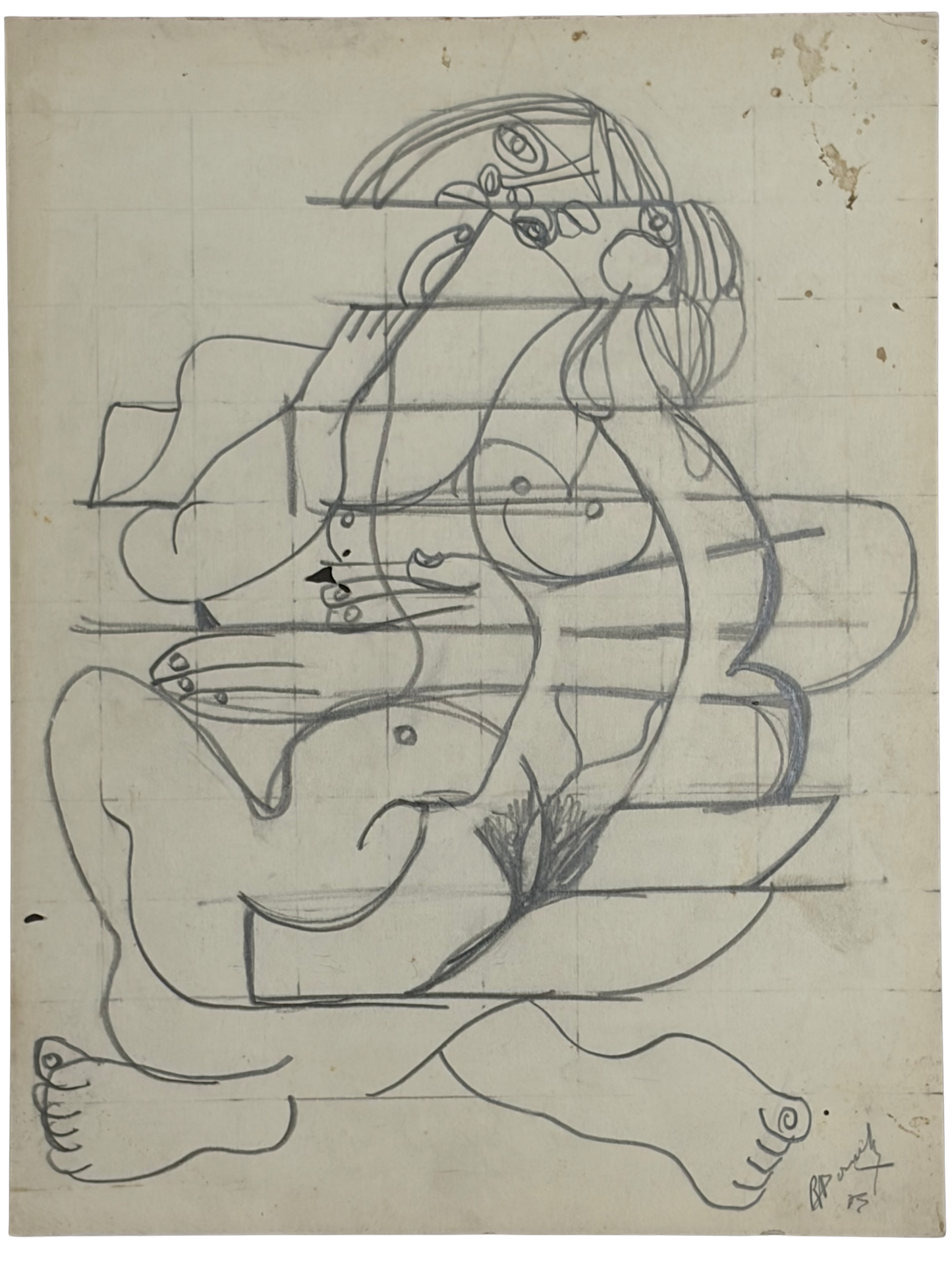 Roland Dorcely 1975 pencil drawing Cubist Female Nude Study #3
