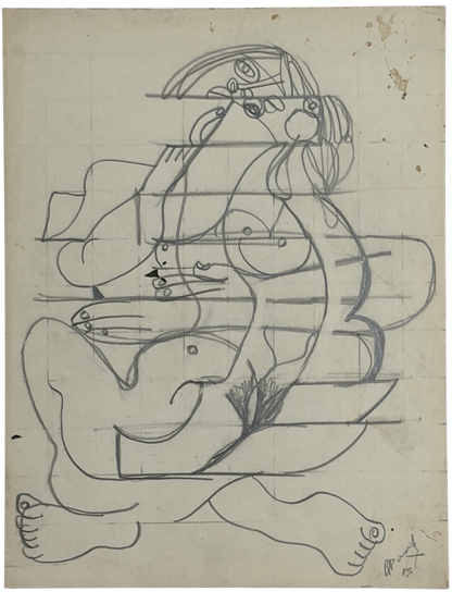 Roland Dorcely 1975 pencil drawing Cubist Female Nude Study #3
