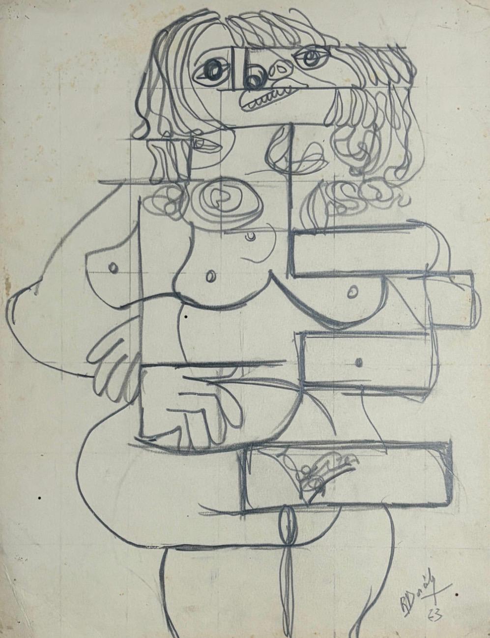 Roland Dorcely 1973 pencil drawing Cubist Female Nude Study #1
