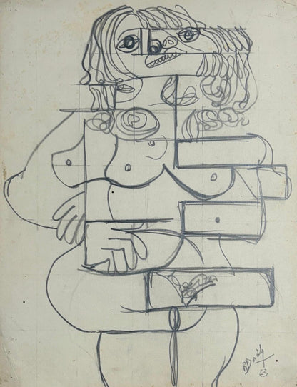 Roland Dorcely 1973 pencil drawing Cubist Female Nude Study #1
