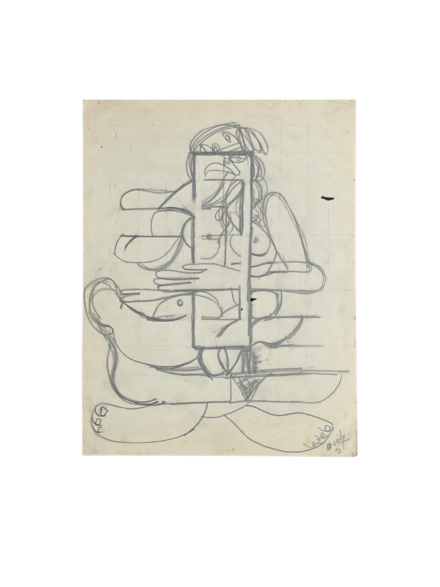 Roland Dorcely 1974 pencil drawing Cubist Female Nude Study #4