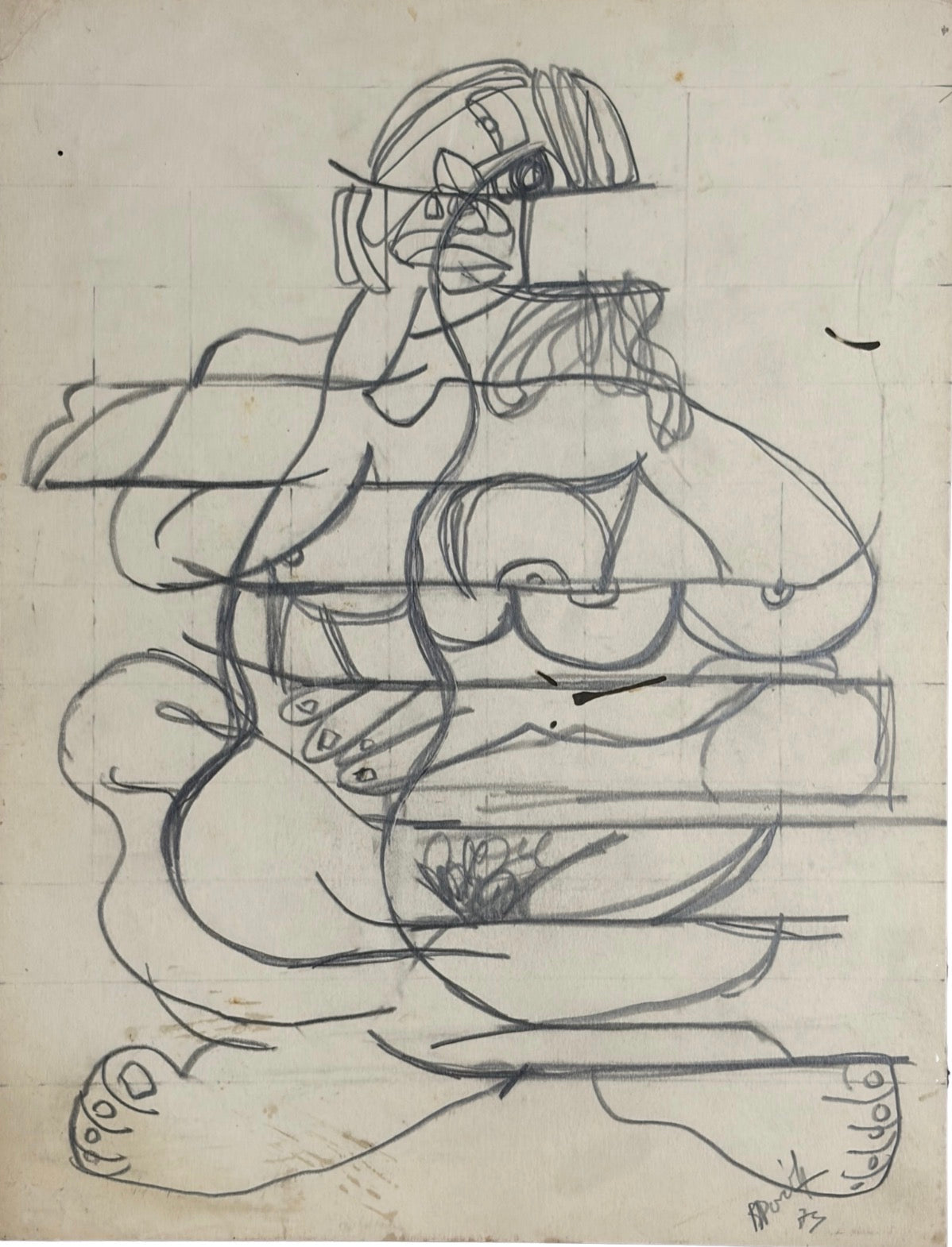 Roland Dorcely 1974 pencil drawing Cubist Female Nude Study #2
