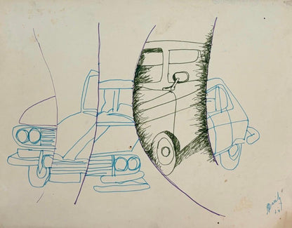 Roland Dorcely 1974 color ink drawing Cubist Car #2