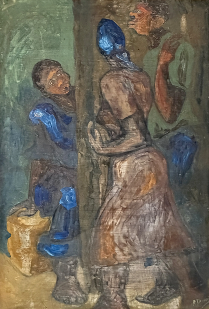 Roland Dorcely oil on Masonite painting Three Figures in Blue, framed
