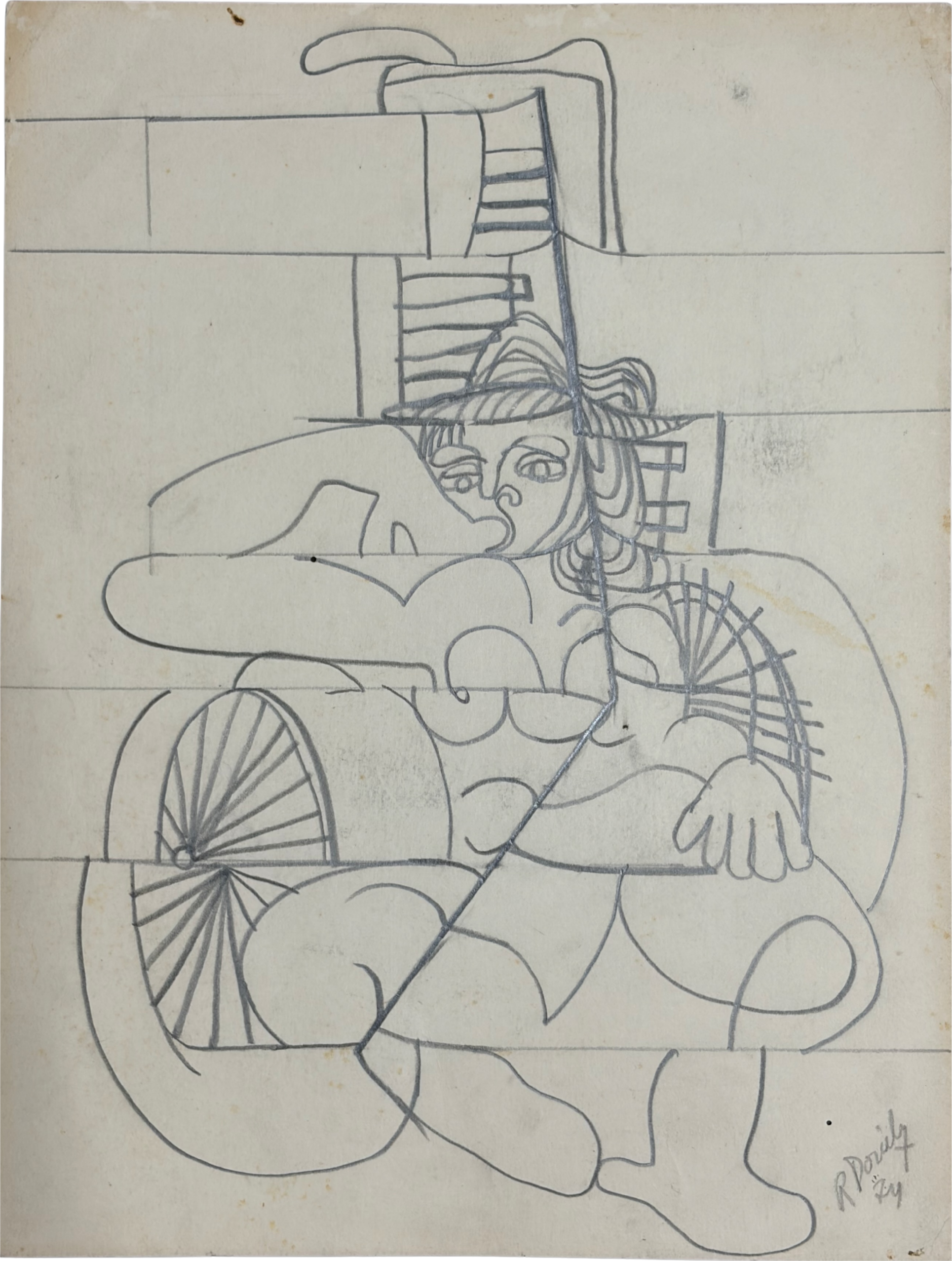 Roland Dorcely 1974 pencil drawing Cubist Nude in Wheelchair