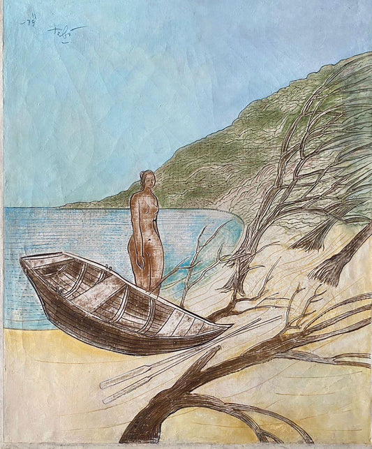 Sacha Tebo Haitian coastal painting with nude figure standing by boat on beach, encaustic on canvas 24 × 20 inches.